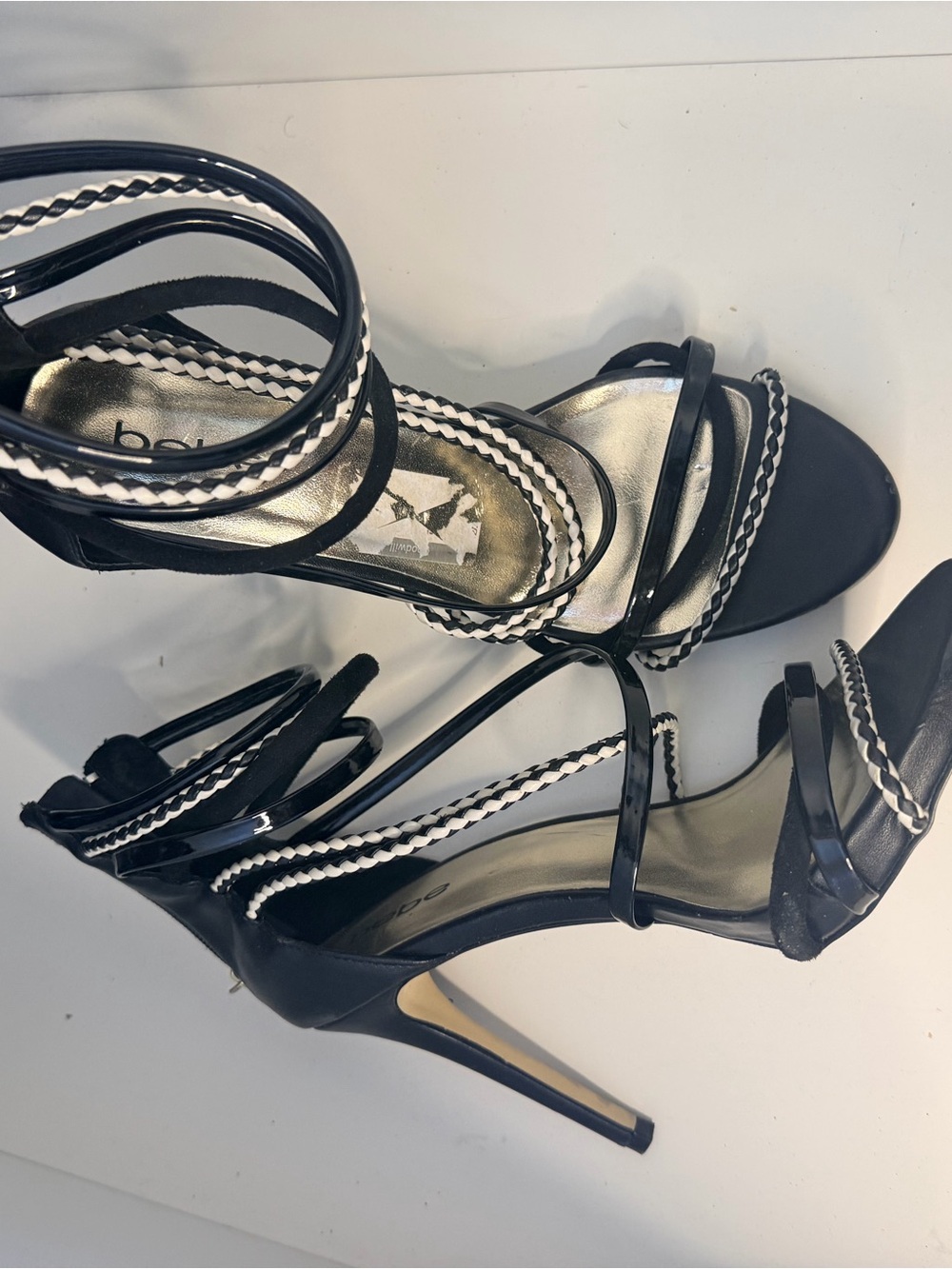 bebe Black Strappy Stiletto Sandals with Braided Trim